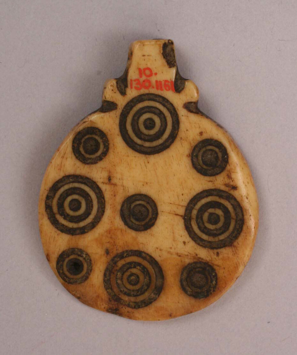 Pendant or Jar-Top, Bone; incised and inlaid with paint 