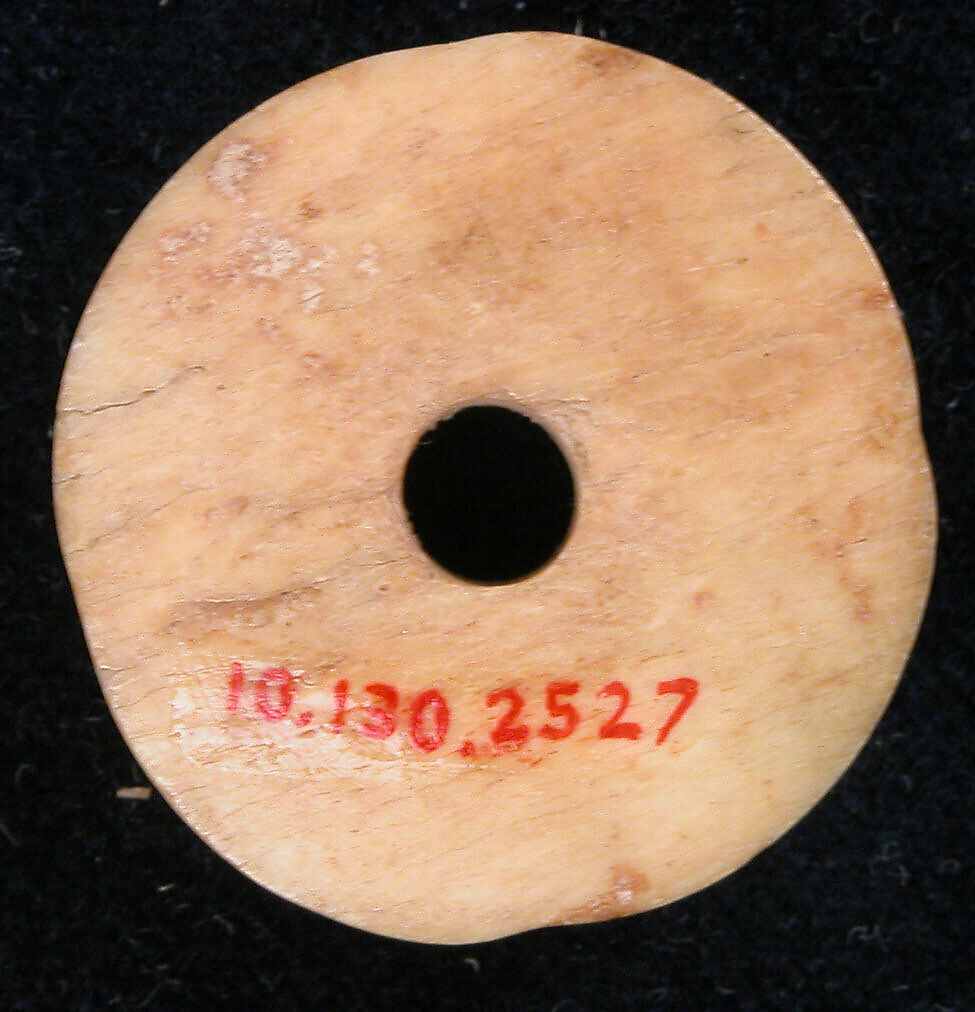 Button or Spindle Whorl, Bone; incised and inlaid with paint