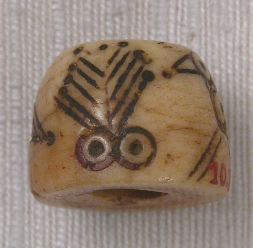 Button or Bead or Spindle Whorl, Bone; incised and inlaid with paint