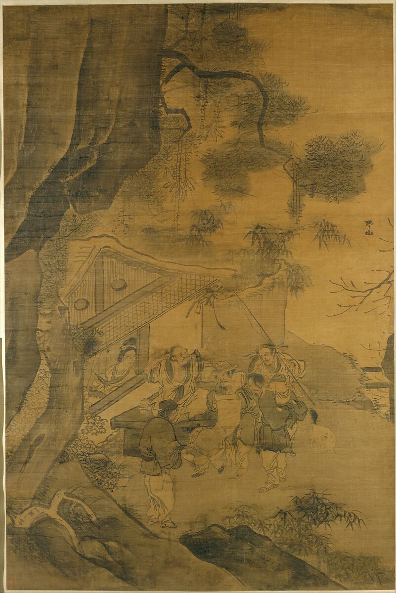 Studying a painting, Zhang Lu (Chinese, ca. 1490–ca. 1563), Hanging scroll; ink and color on silk, China 