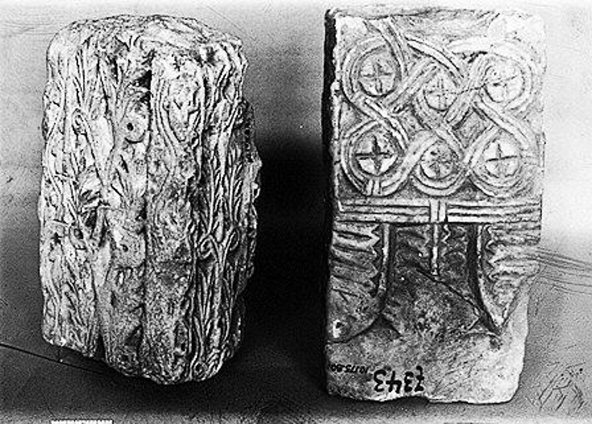 Possibly a Pilaster with a Pattern of Guilloche and Palm Leaves, Sandstone; carved in relief