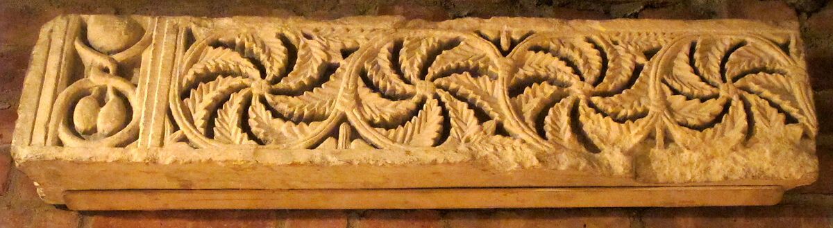 Fragment from a Frieze with Acanthus-Leaf Wheels, Limestone; carved in relief