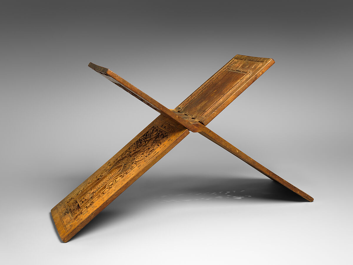 Stand for a Qur'an Manuscript, Zain(?) Hasan Sulaiman Isfahani (Iranian), Wood (teak); carved, painted, and inlaid