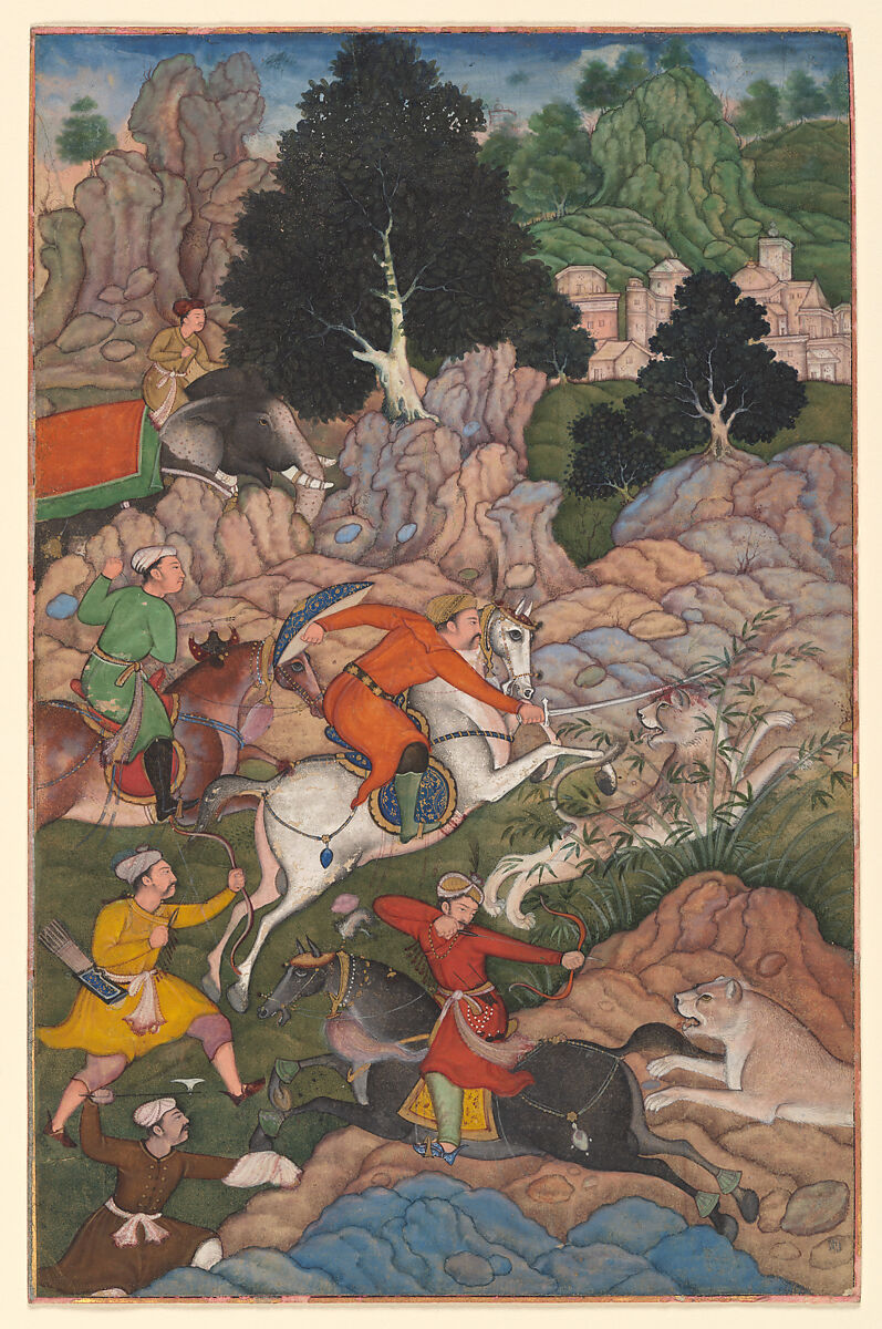 "Akbar Hunting", Folio from an Akbarnama (History of Akbar), Opaque watercolor, ink, and gold on paper 