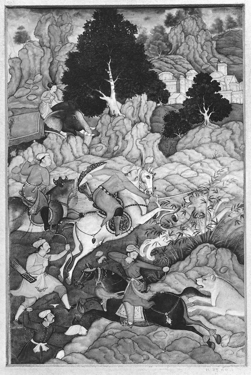 "Akbar Hunting", Folio from an Akbarnama (History of Akbar), Opaque watercolor, ink, and gold on paper