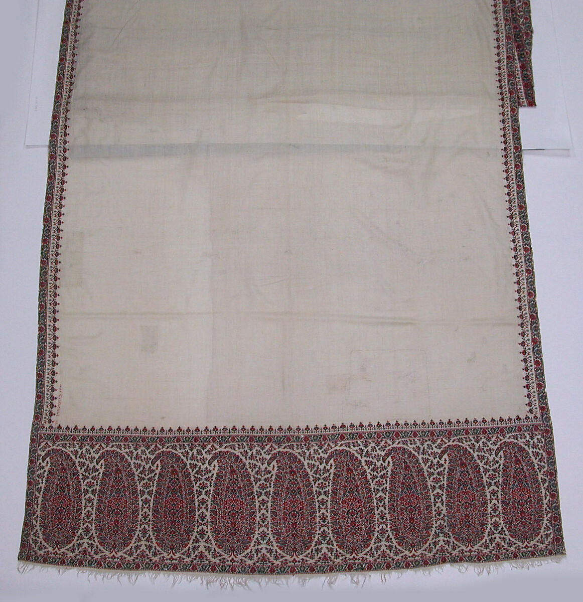 Shawl, Wool, silk; twill weave and double interlocking twill tapestry weave