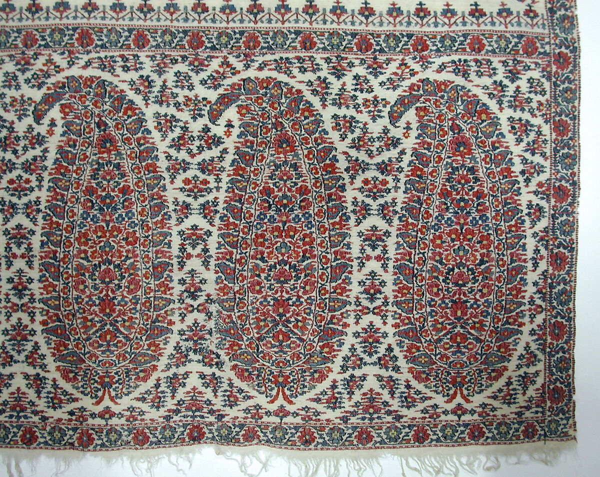 Shawl, Wool, silk; twill weave and double interlocking twill tapestry weave