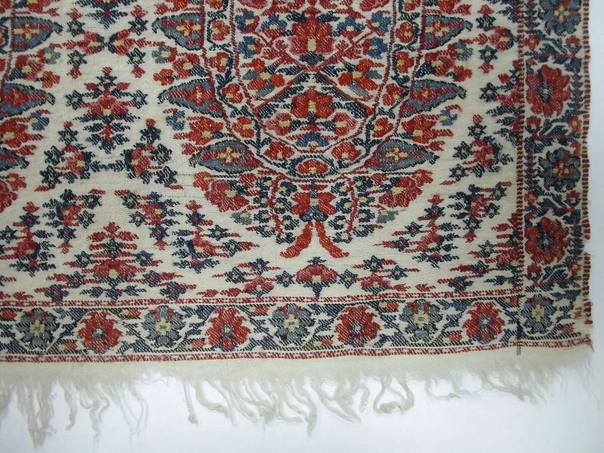 Shawl, Wool, silk; twill weave and double interlocking twill tapestry weave