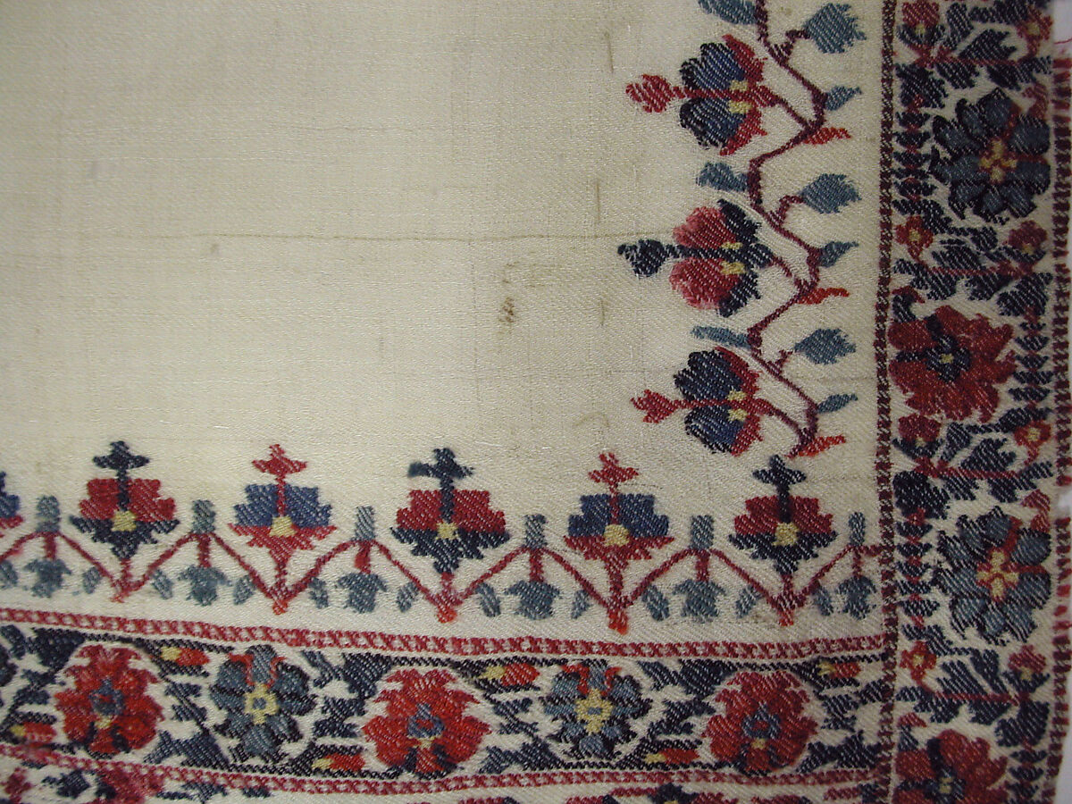 Shawl, Wool, silk; twill weave and double interlocking twill tapestry weave