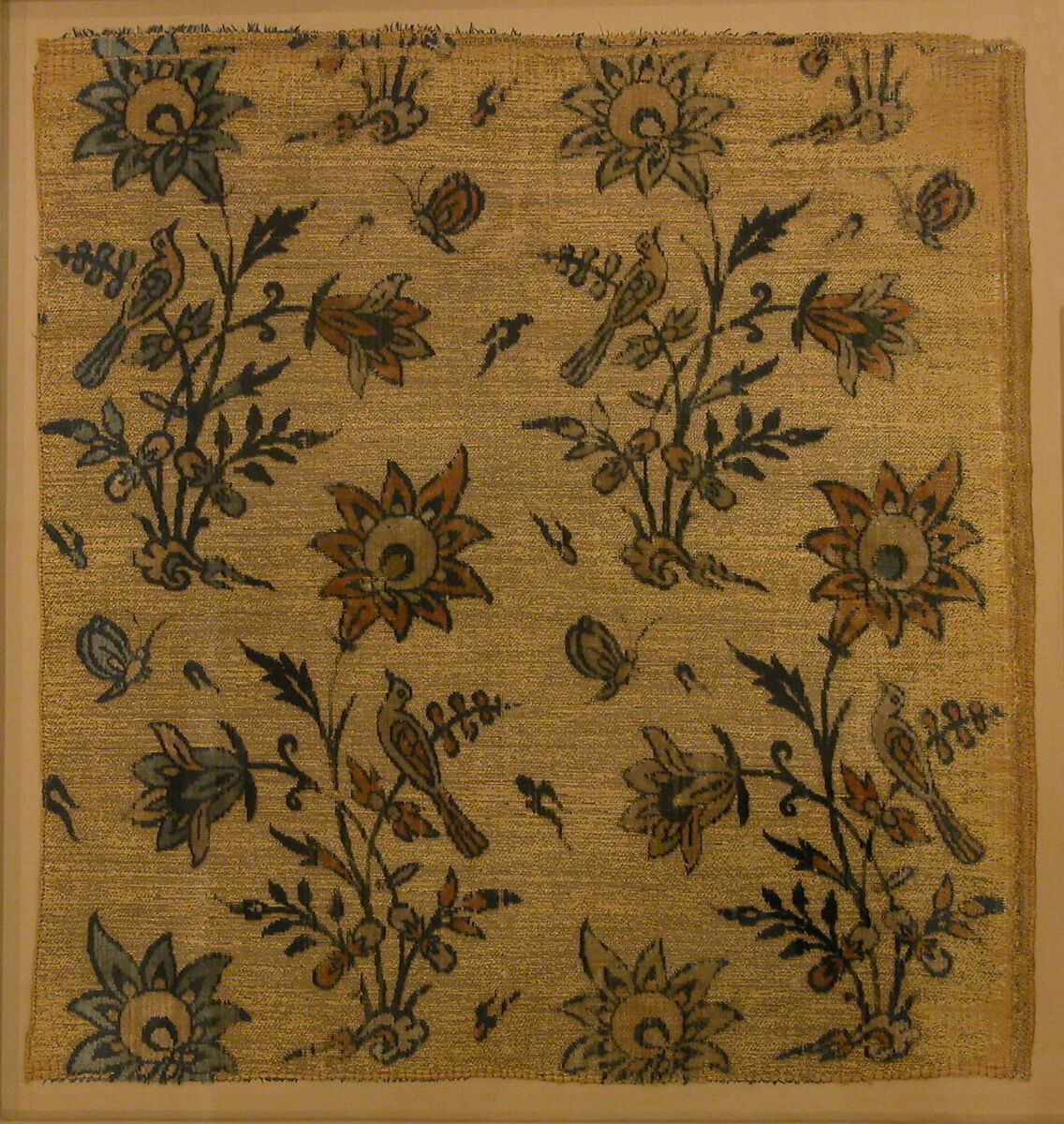 Textile Fragment with Flowers, Birds and Butterflies, Silk, metal wrapped thread; cut and voided velvet 