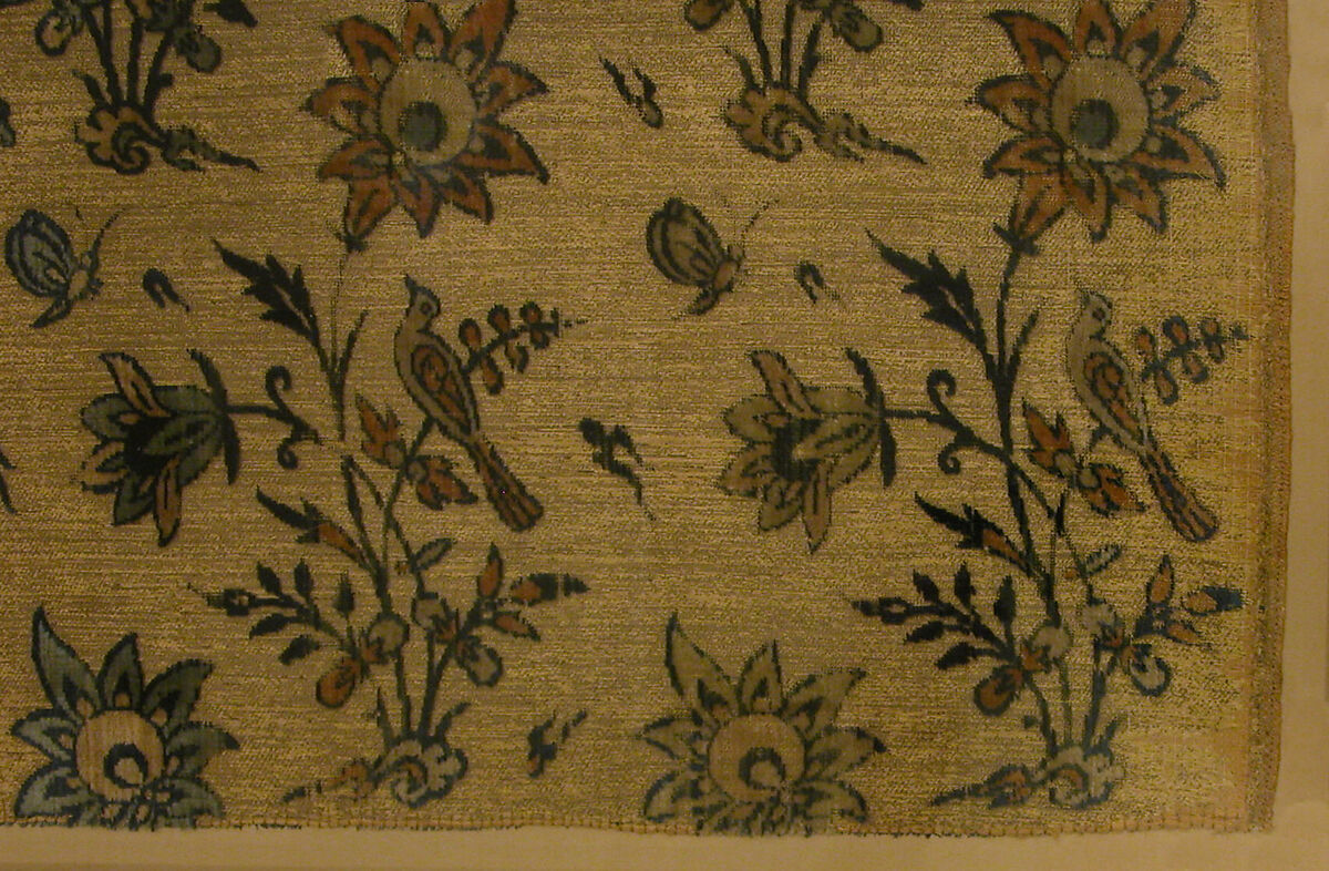 Textile Fragment with Flowers, Birds and Butterflies, Silk, metal wrapped thread; cut and voided velvet