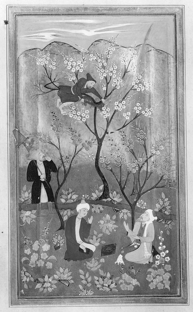 Bustan (Orchard) of Sa'di, Mir 'Ali al-Husaini, Ink, opaque watercolor, and gold on paper; leather binding