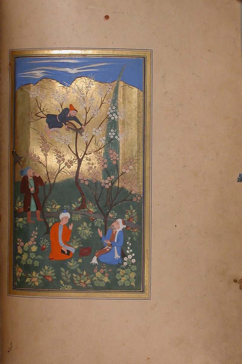 Bustan (Orchard) of Sa'di, Mir 'Ali al-Husaini, Ink, opaque watercolor, and gold on paper; leather binding