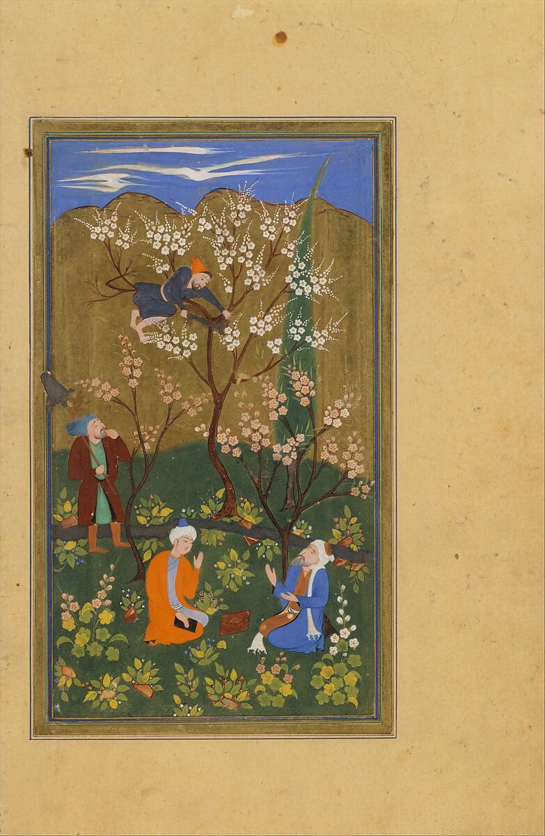 Bustan (Orchard) of Sa'di, Mir 'Ali al-Husaini, Ink, opaque watercolor, and gold on paper; leather binding