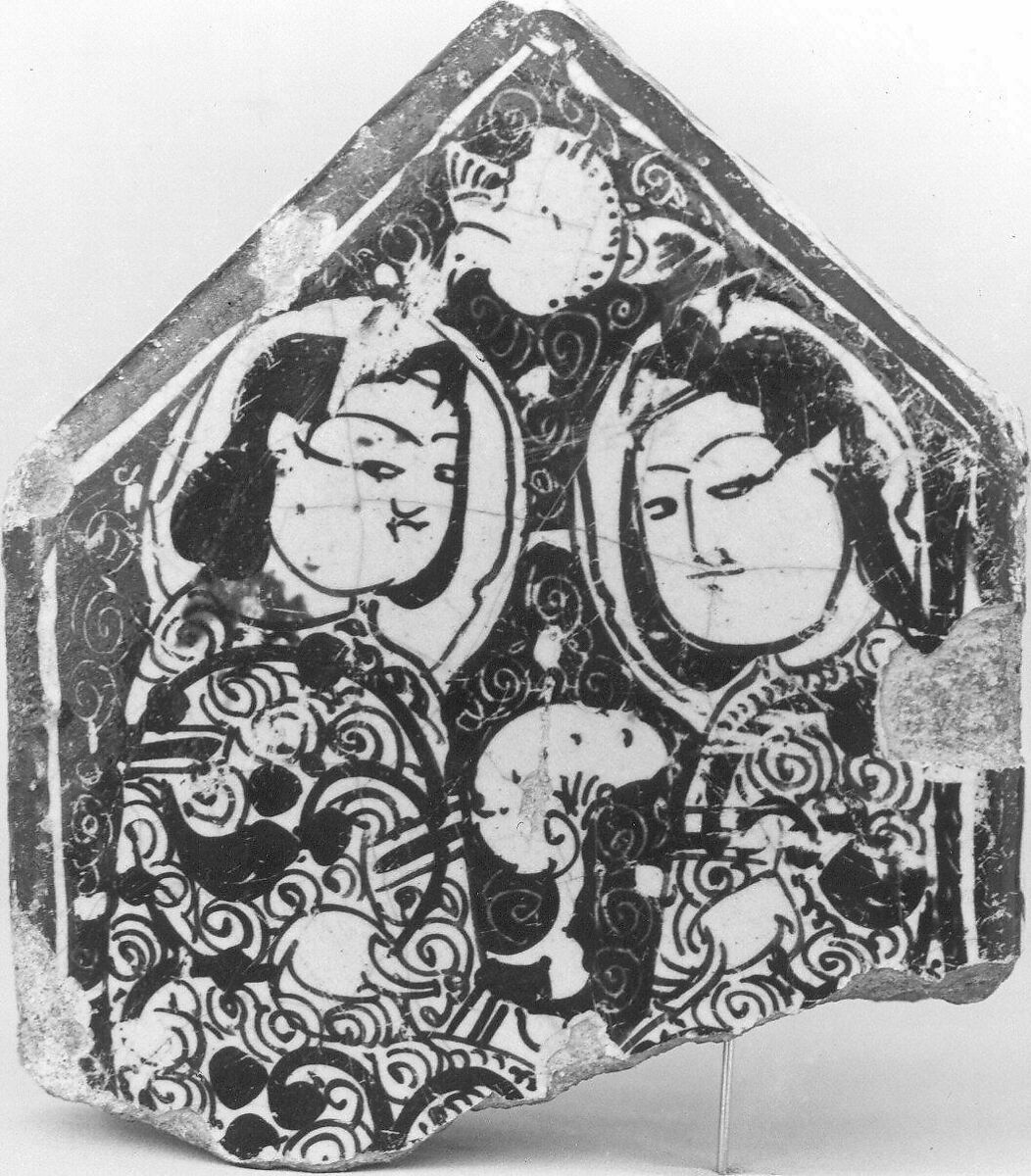 Cross-Shaped Tile Fragment, Stonepaste; overglaze luster-painted