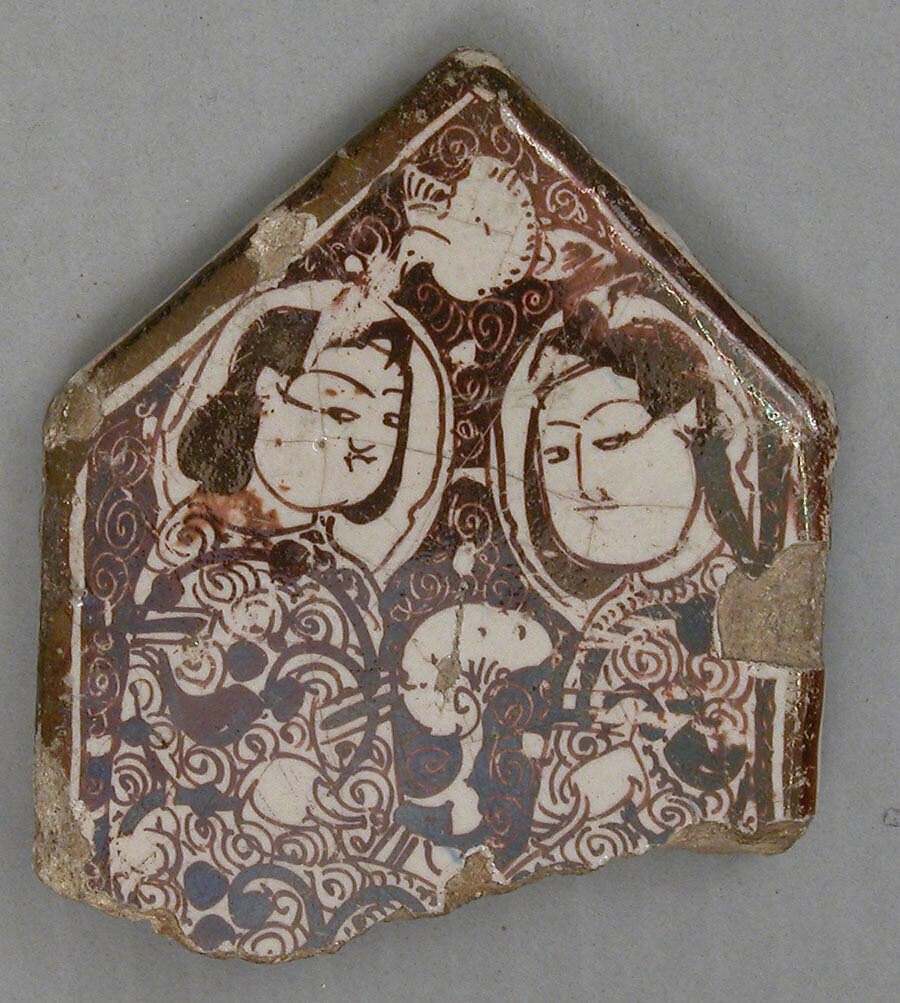 Cross-Shaped Tile Fragment, Stonepaste; overglaze luster-painted