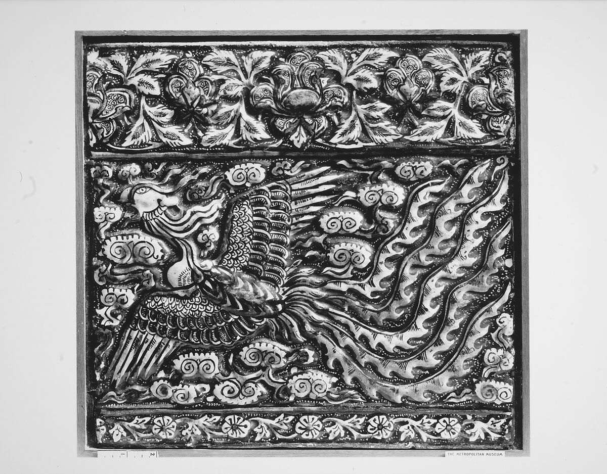 Tile with Image of Phoenix, Stonepaste; modeled, underglaze painted in blue and turquoise, luster-painted on opaque white ground