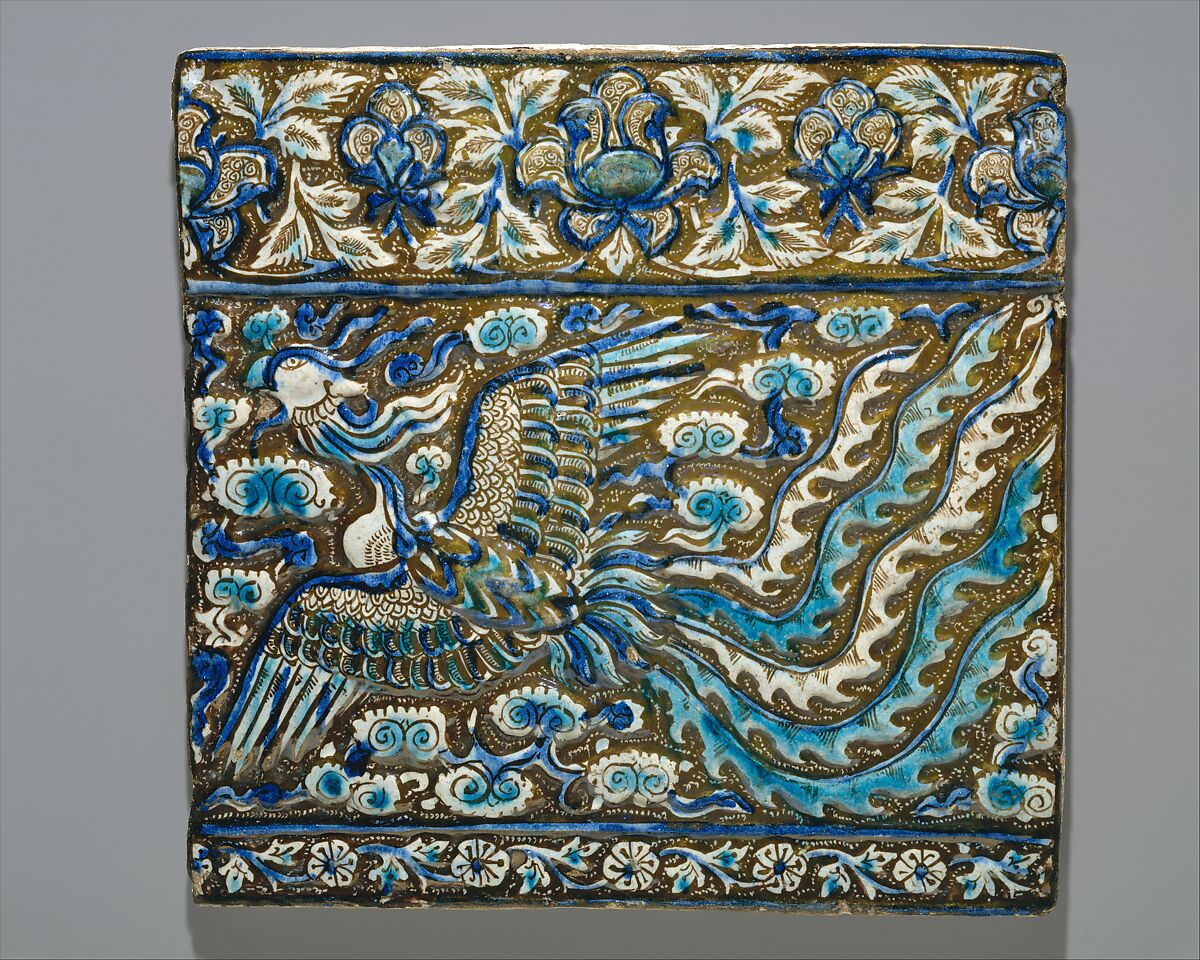 Tile with Image of Phoenix, Stonepaste; modeled, underglaze painted in blue and turquoise, luster-painted on opaque white ground