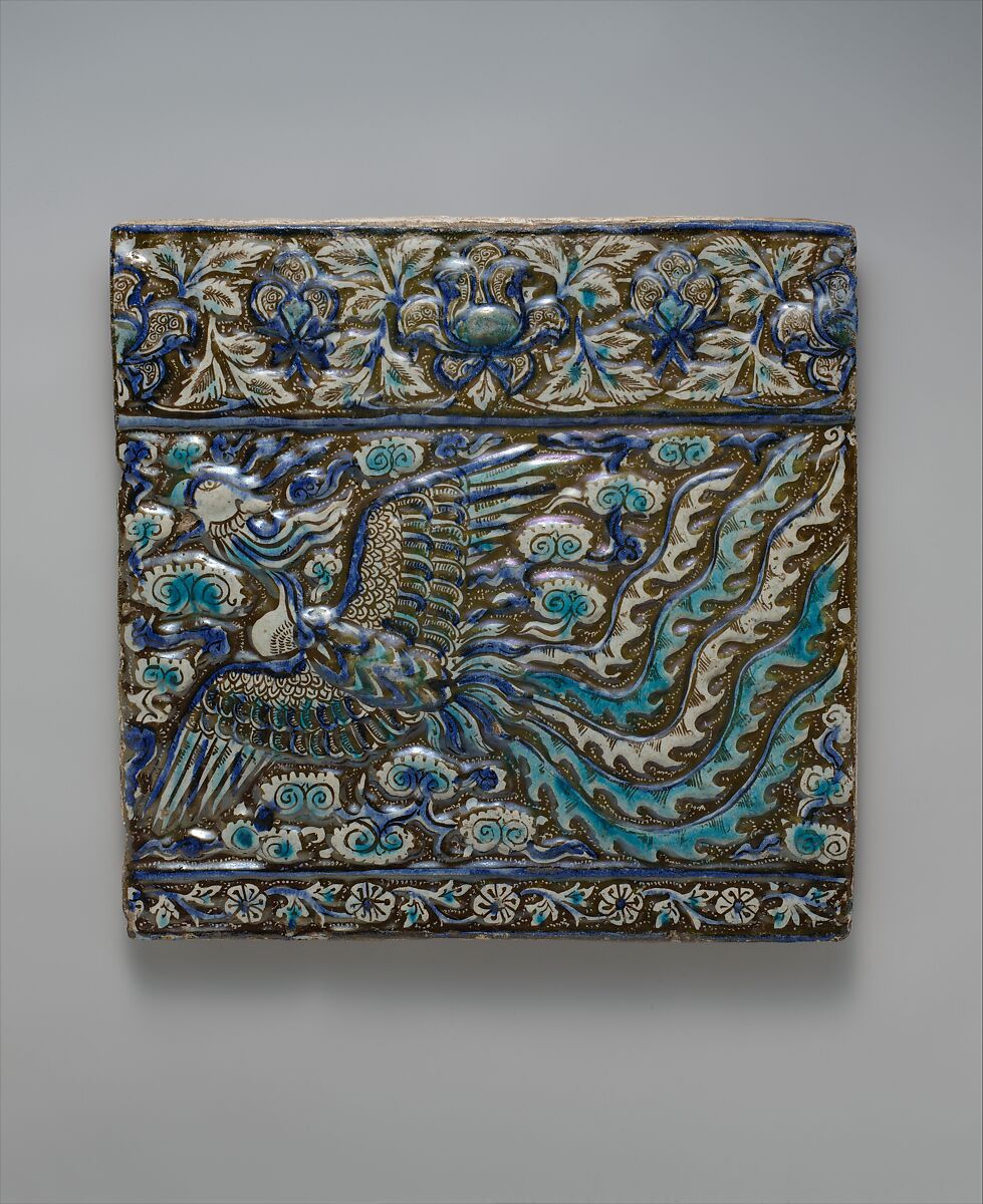 Tile with Image of Phoenix, Stonepaste; modeled, underglaze painted in blue and turquoise, luster-painted on opaque white ground 