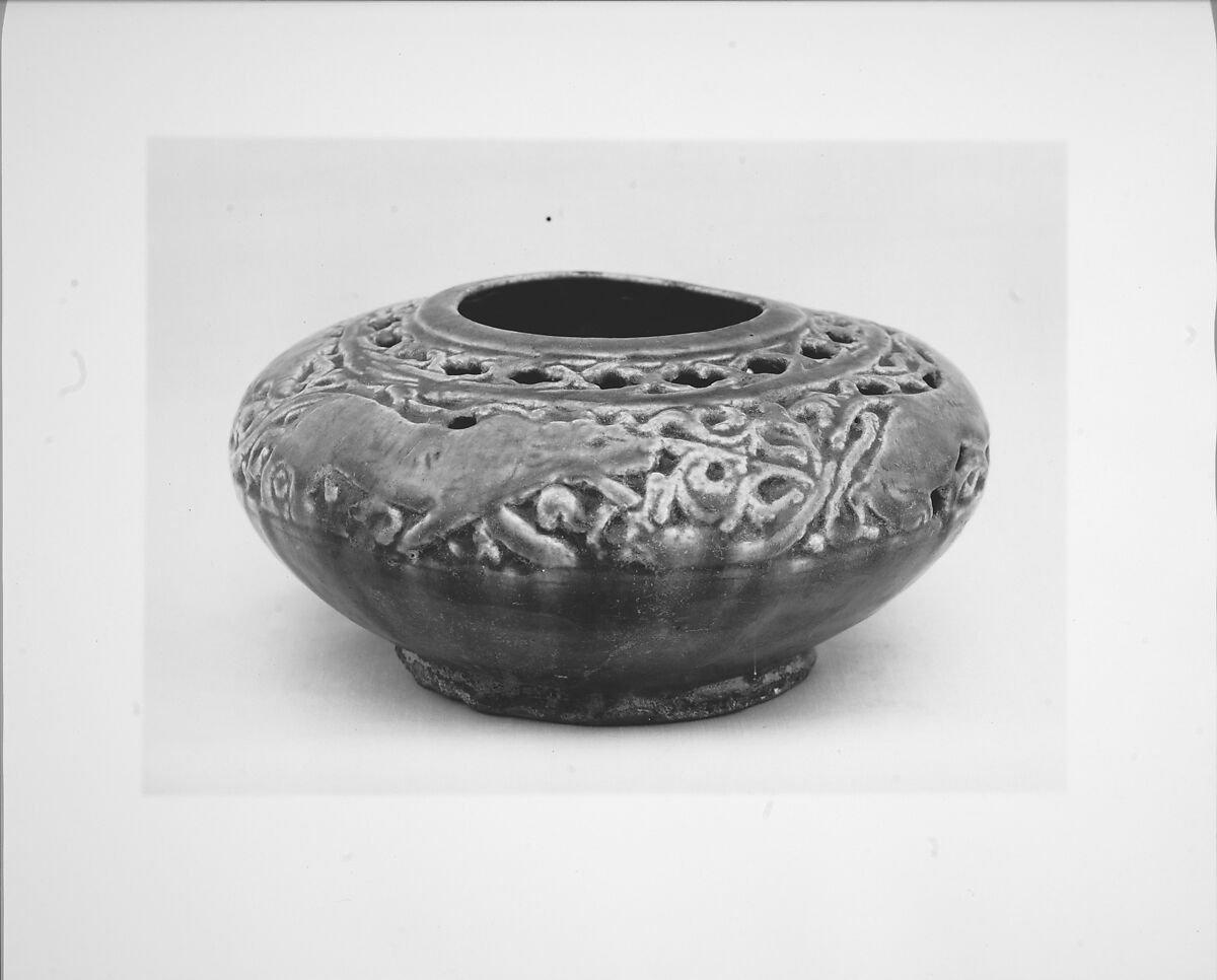 Pierced Blue Pot with Animals and Vegetal Scroll, Stonepaste; carved and pierced under transparent monochrome glaze