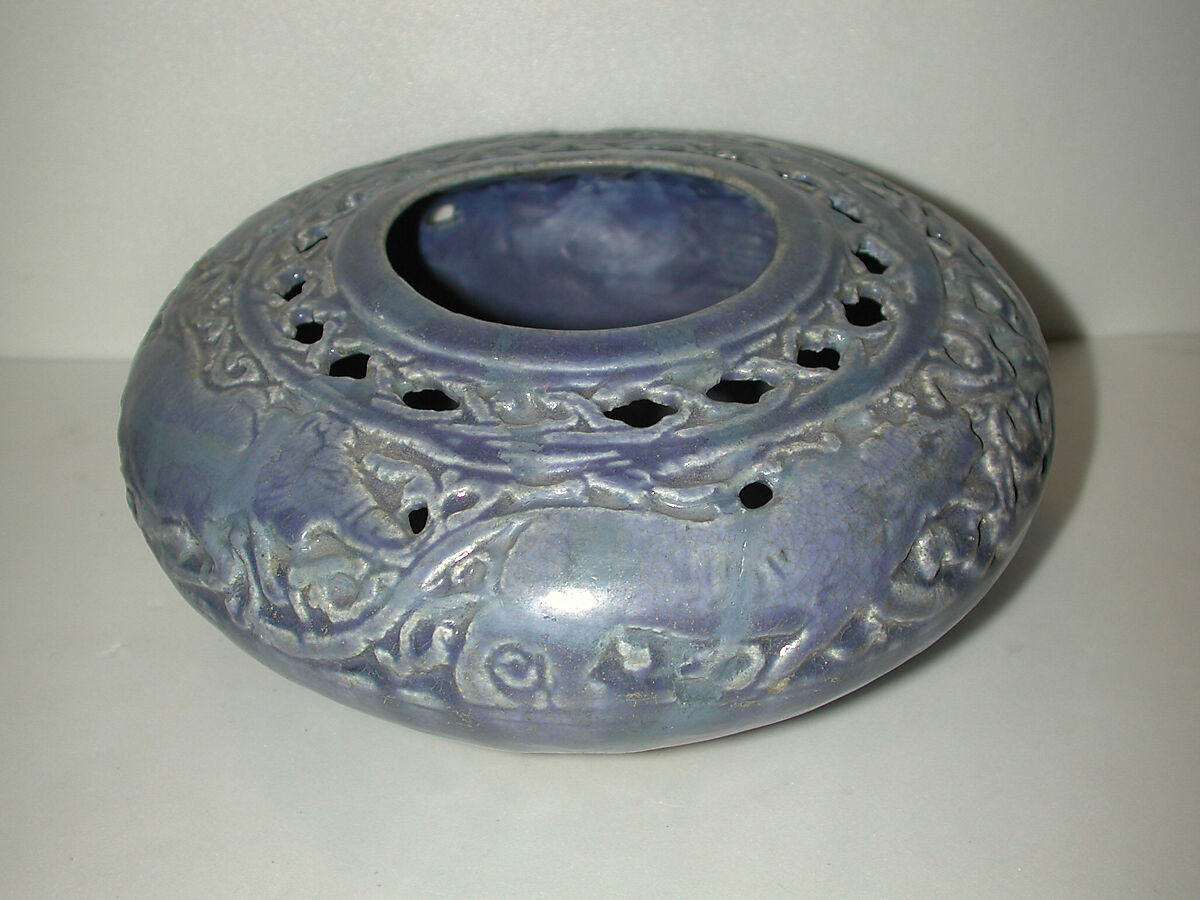 Pierced Blue Pot with Animals and Vegetal Scroll, Stonepaste; carved and pierced under transparent monochrome glaze 