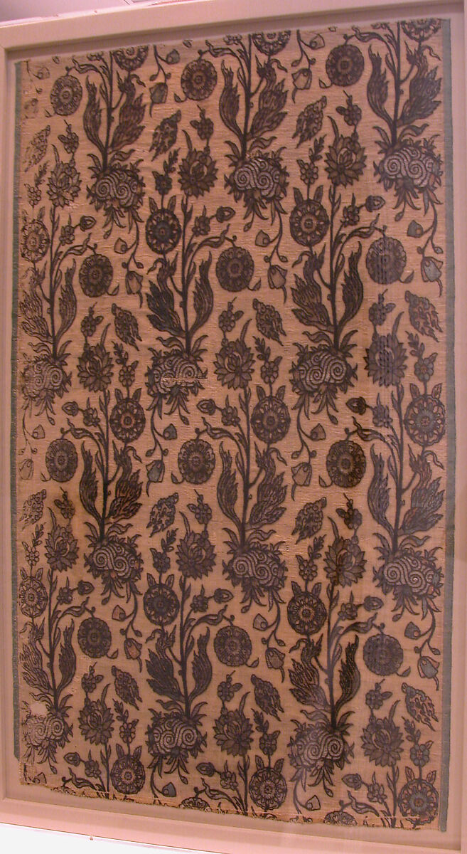 Velvet Panel with Flowering Plants, Silk, cotton, flat metal wrapped thread; cut and voided velvet, brocaded
