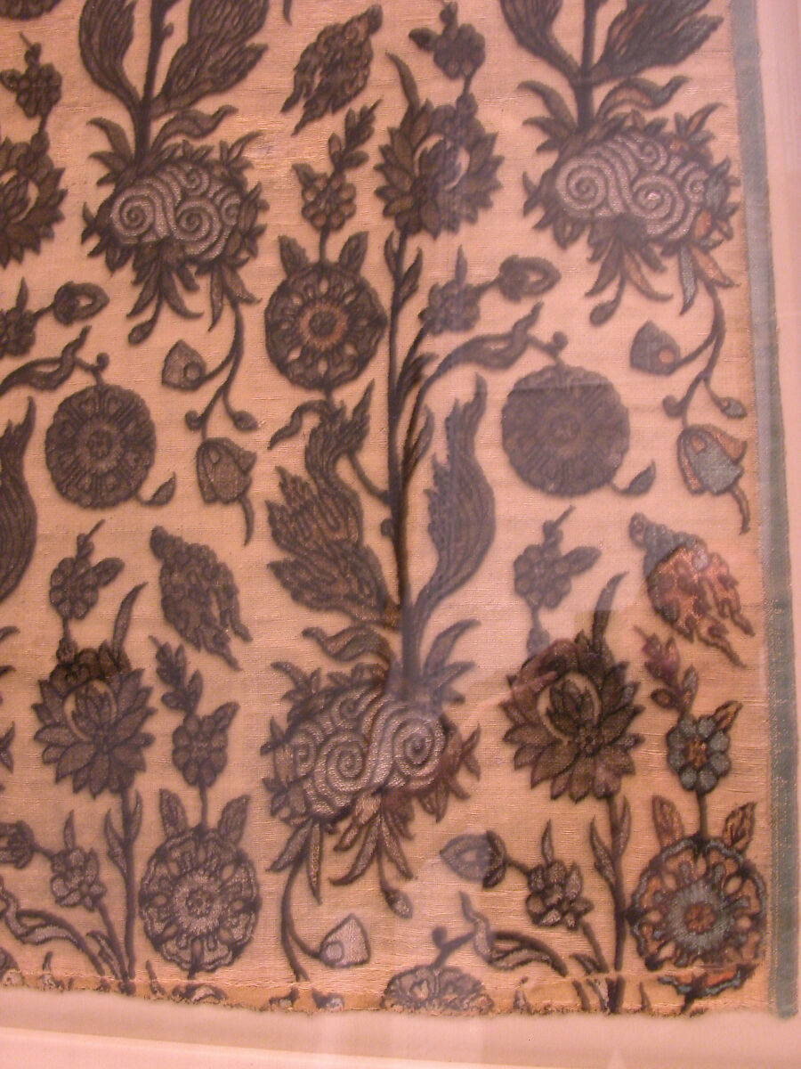 Velvet Panel with Flowering Plants, Silk, cotton, flat metal wrapped thread; cut and voided velvet, brocaded