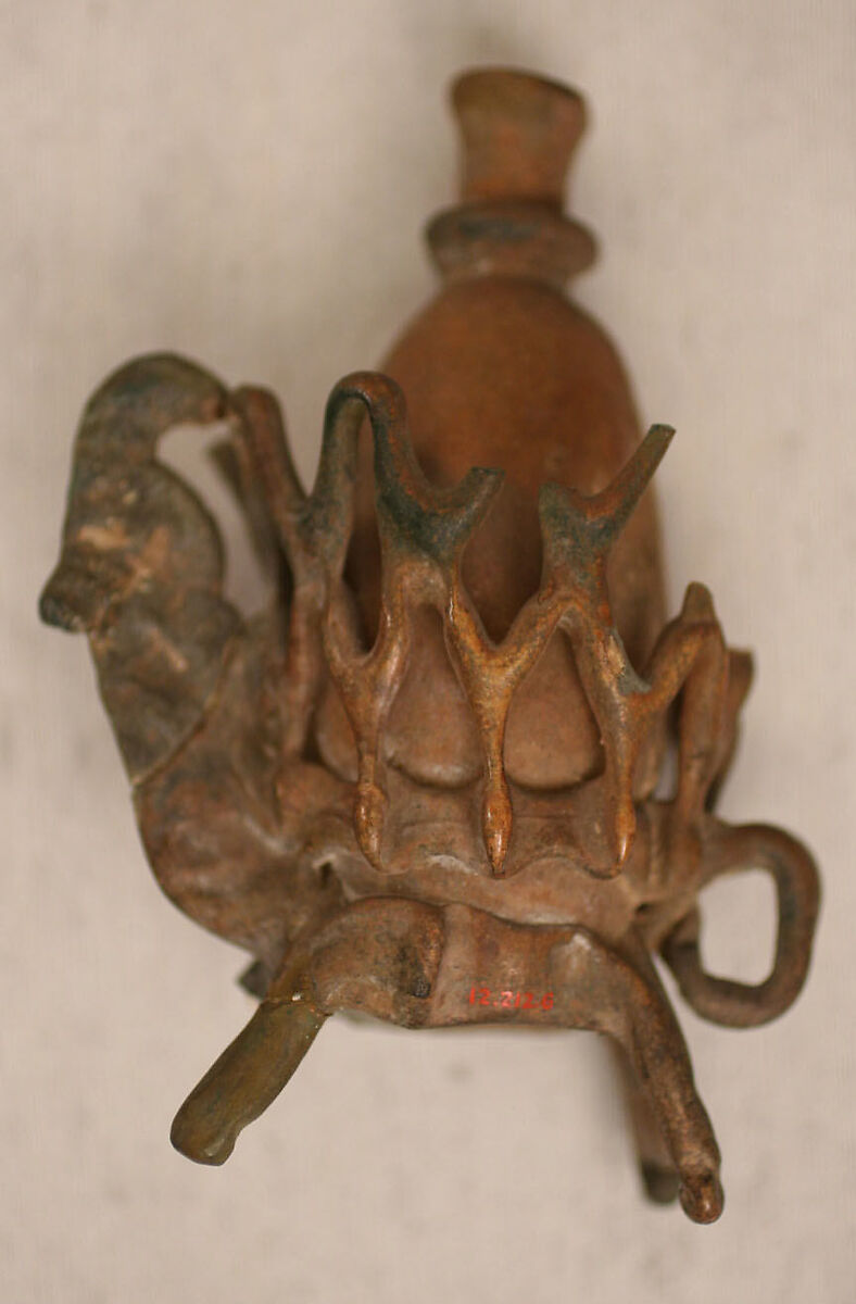 Flask, Glass; free blown, applied decoration, tooled on the pontil 