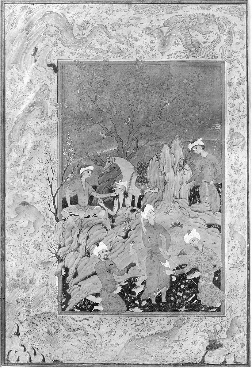 Princely Hawking Party, Attributed to Mirza 'Ali (Iranian, active ca. 1525–75), Ink, opaque watercolor, and gold on paper