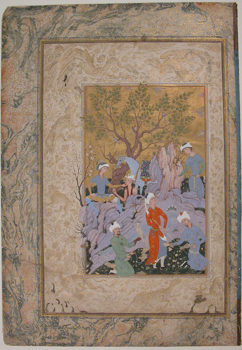 Princely Hawking Party, Attributed to Mirza 'Ali (Iranian, active ca. 1525–75), Ink, opaque watercolor, and gold on paper