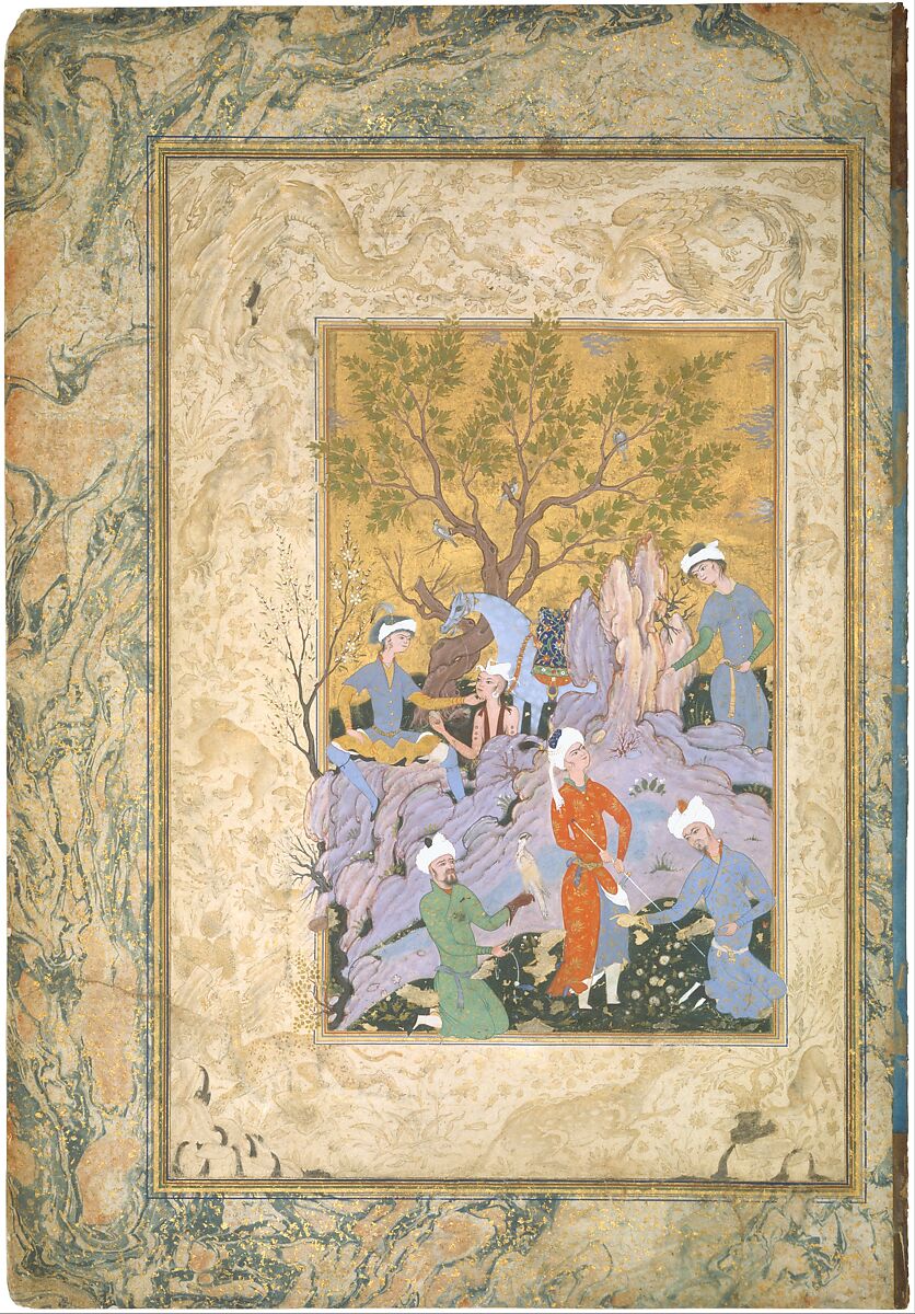 Princely Hawking Party, Attributed to Mirza 'Ali (Iranian, active ca. 1525–75), Ink, opaque watercolor, and gold on paper