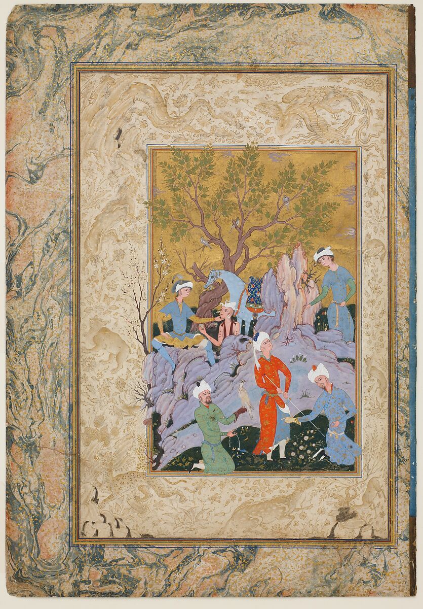 Princely Hawking Party, Attributed to Mirza &#39;Ali (Iranian, active ca. 1525–75), Ink, opaque watercolor, and gold on paper 