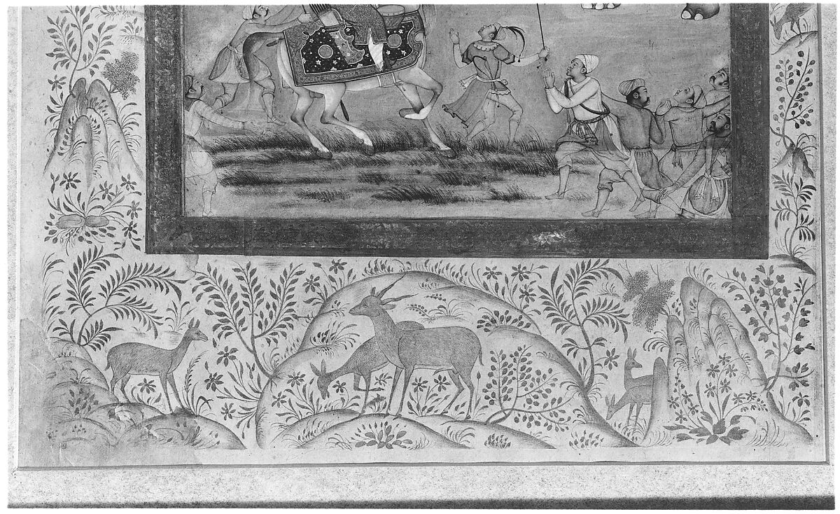 Jahangir Watching an Elephant Fight, Painting attributed to Farrukh Chela (Indian), Main support: Ink, opaque watercolor, gold on paper
Margins: Gold on dyed paper
