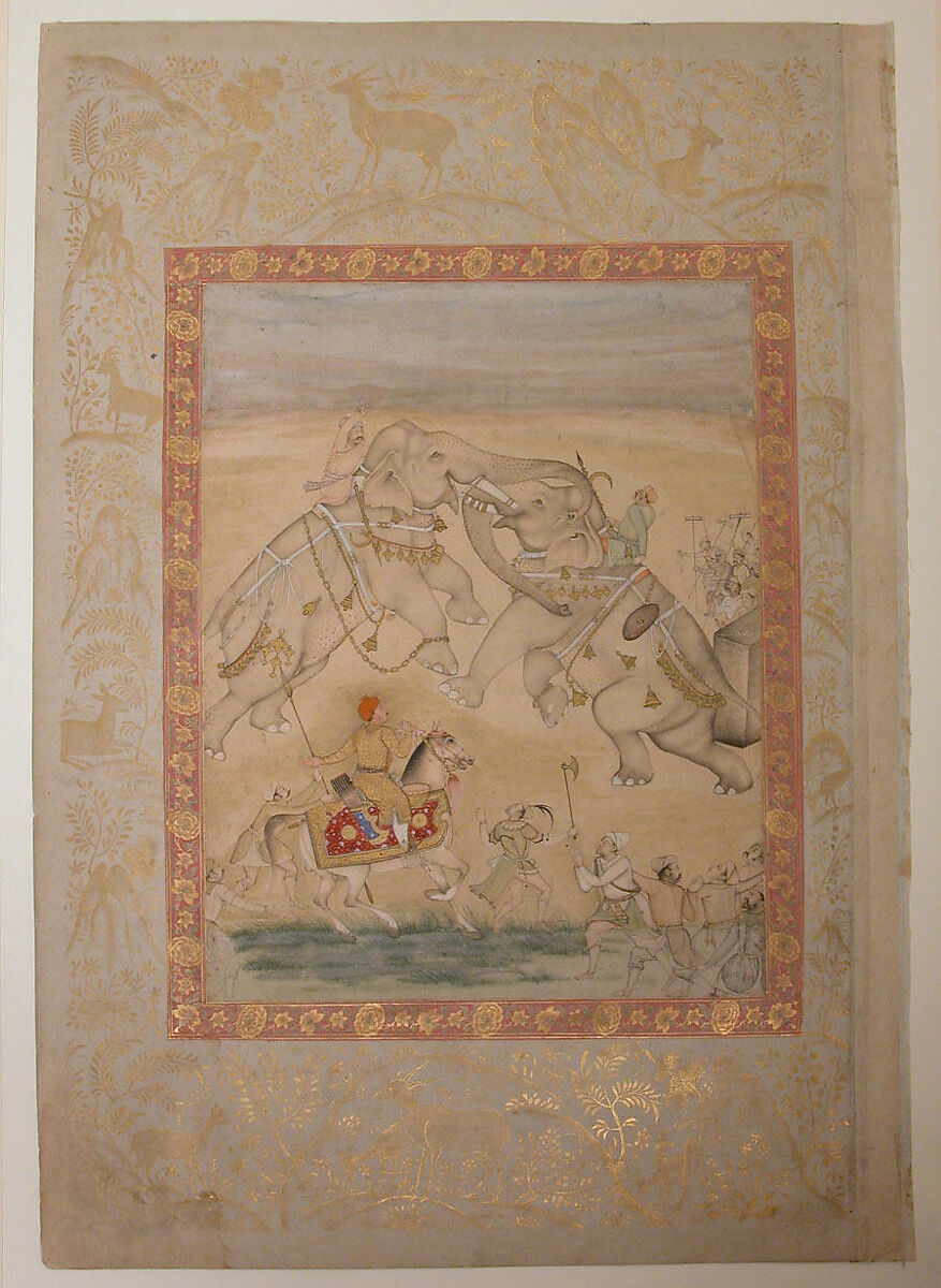 Jahangir Watching an Elephant Fight, Painting attributed to Farrukh Chela (Indian), Main support: Ink, opaque watercolor, gold on paper
Margins: Gold on dyed paper