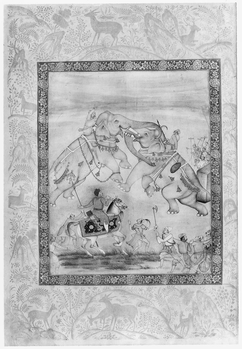 Jahangir Watching an Elephant Fight, Painting attributed to Farrukh Chela (Indian), Main support: Ink, opaque watercolor, gold on paper
Margins: Gold on dyed paper