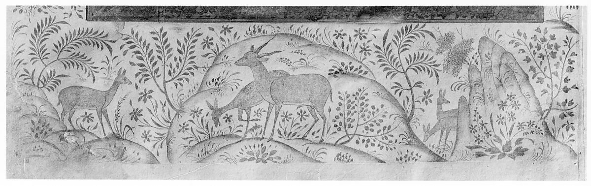 Jahangir Watching an Elephant Fight, Painting attributed to Farrukh Chela (Indian), Main support: Ink, opaque watercolor, gold on paper
Margins: Gold on dyed paper