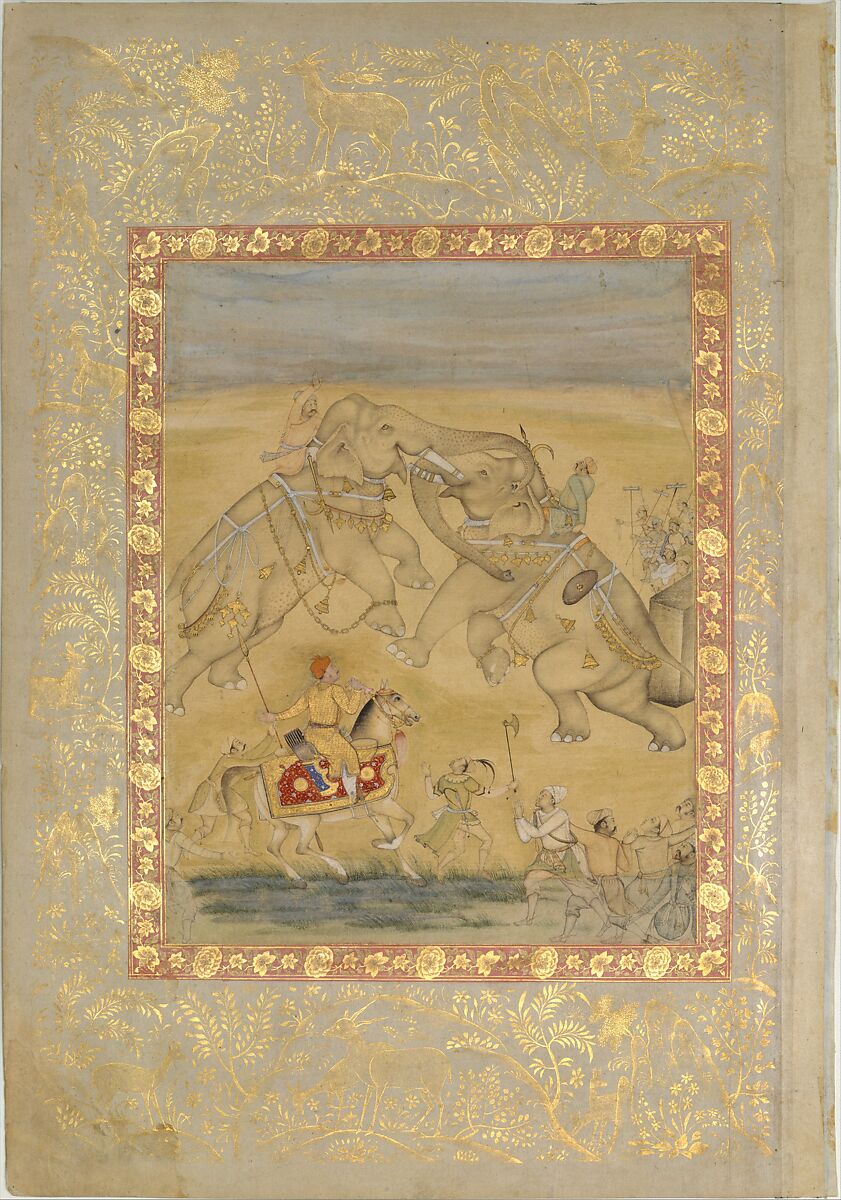 Jahangir Watching an Elephant Fight, Painting attributed to Farrukh Chela (Indian), Main support: Ink, opaque watercolor, gold on paper
Margins: Gold on dyed paper 