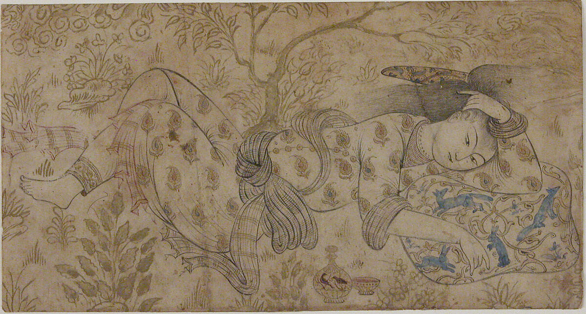 Reclining Figure, Ink, watercolor, and gold on paper