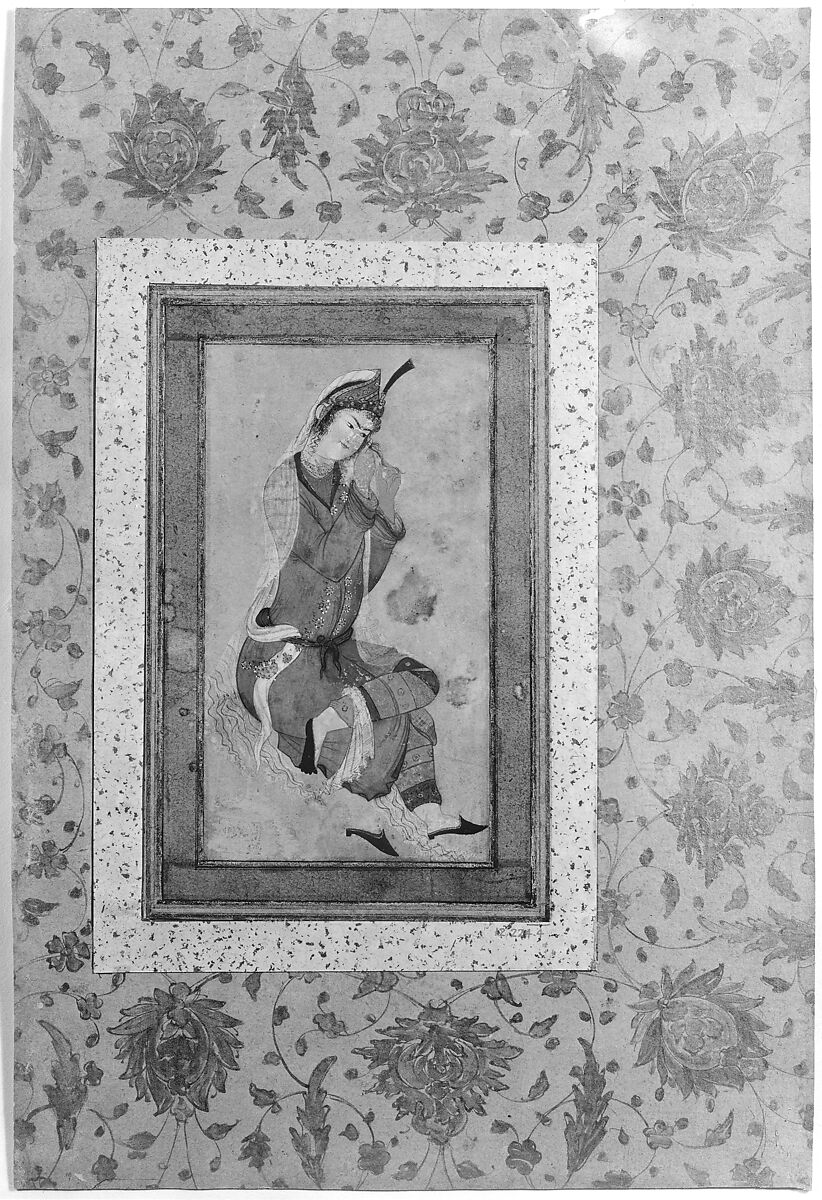 Seated Woman Curling her Hair, Ink, opaque watercolor, and gold on paper