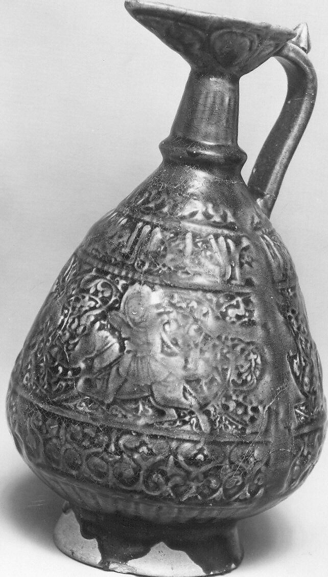 Ewer with Molded Inscriptions and Figures on Horseback, Stonepaste; molded, monochrome glazed