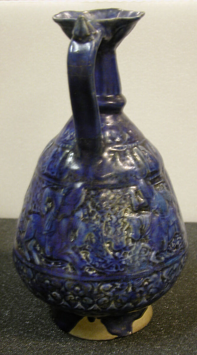 Ewer with Molded Inscriptions and Figures on Horseback, Stonepaste; molded, monochrome glazed