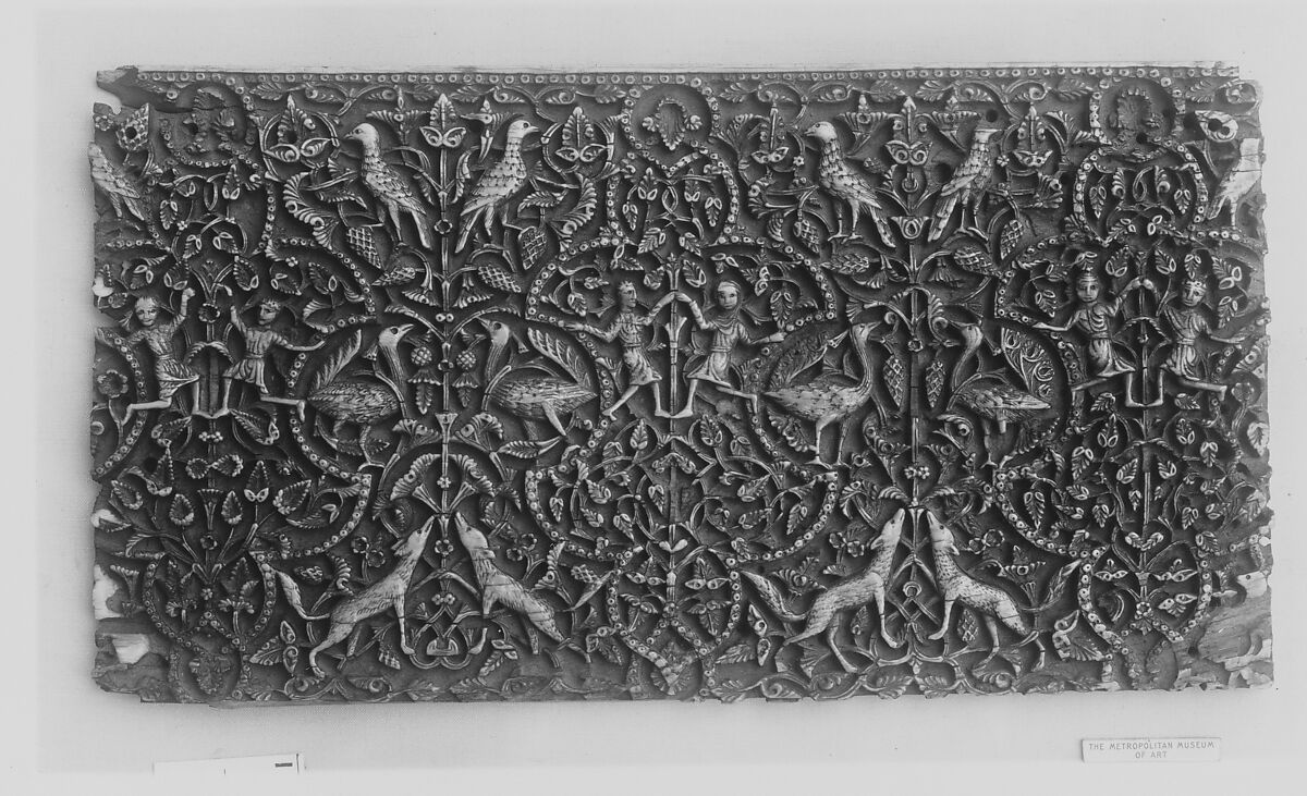 Panel from a Rectangular Box, Ivory; carved, inlaid with stone with traces of pigment
