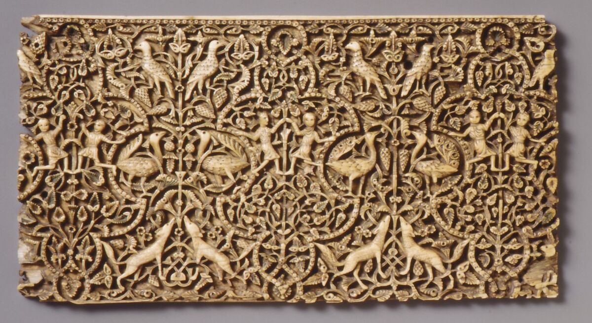 Panel from a Rectangular Box, Ivory; carved, inlaid with stone with traces of pigment