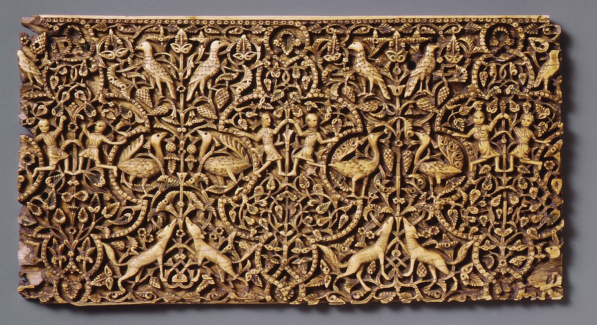 Panel from a Rectangular Box, Ivory; carved, inlaid with stone with traces of pigment