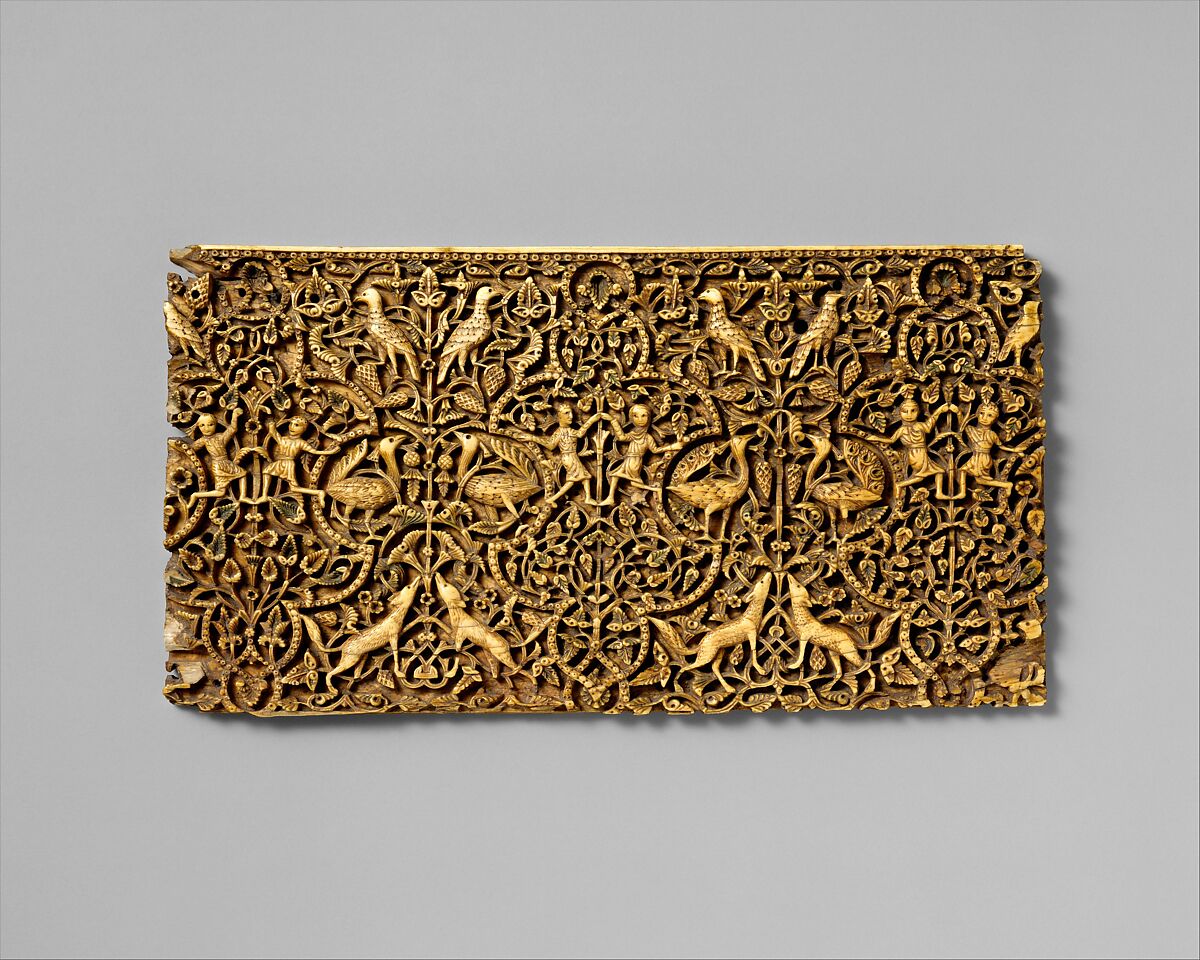 Panel from a Rectangular Box, Ivory; carved, inlaid with stone with traces of pigment