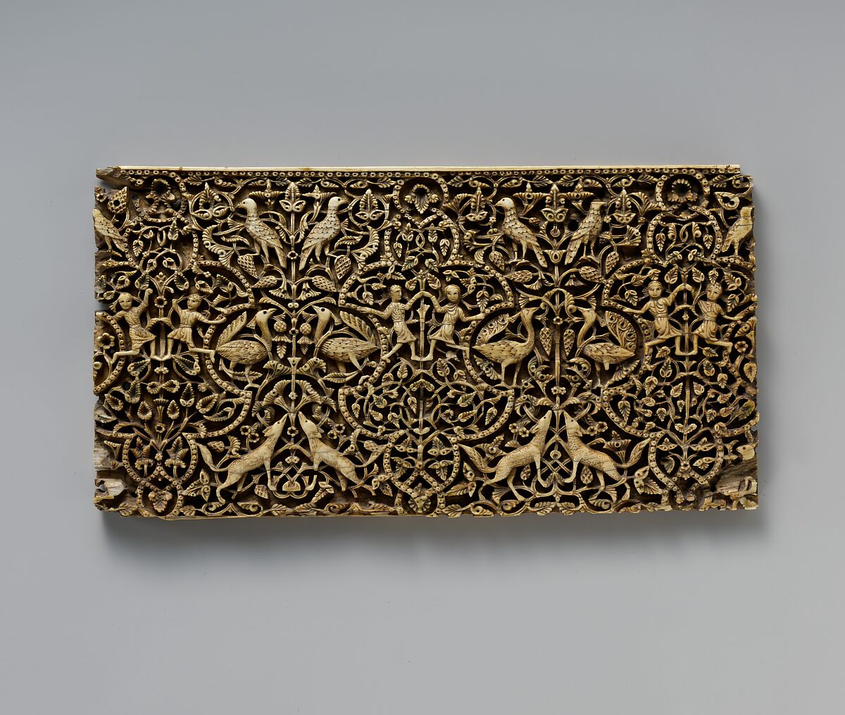 Panel from a Rectangular Box, Ivory; carved, inlaid with stone with traces of pigment