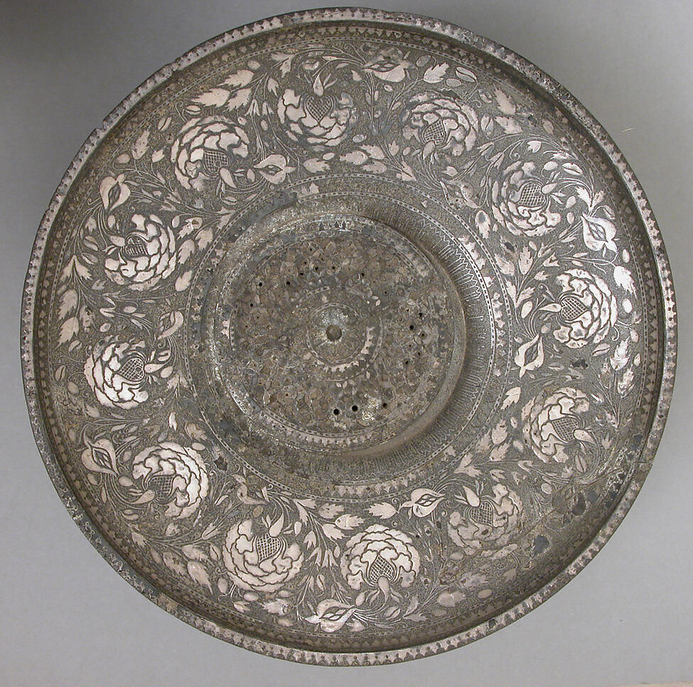 Basin, Zinc alloy; cast, engraved, inlaid with silver (bidri ware)
