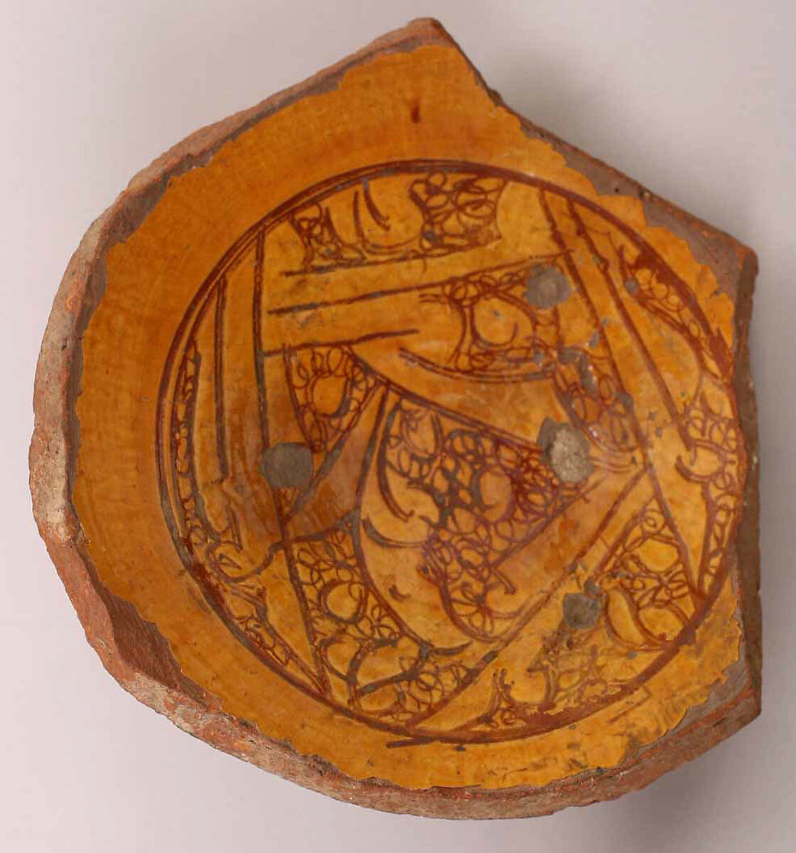 Fragment, Earthenware; incised decoration through a white slip and coloring under a transparent glaze 