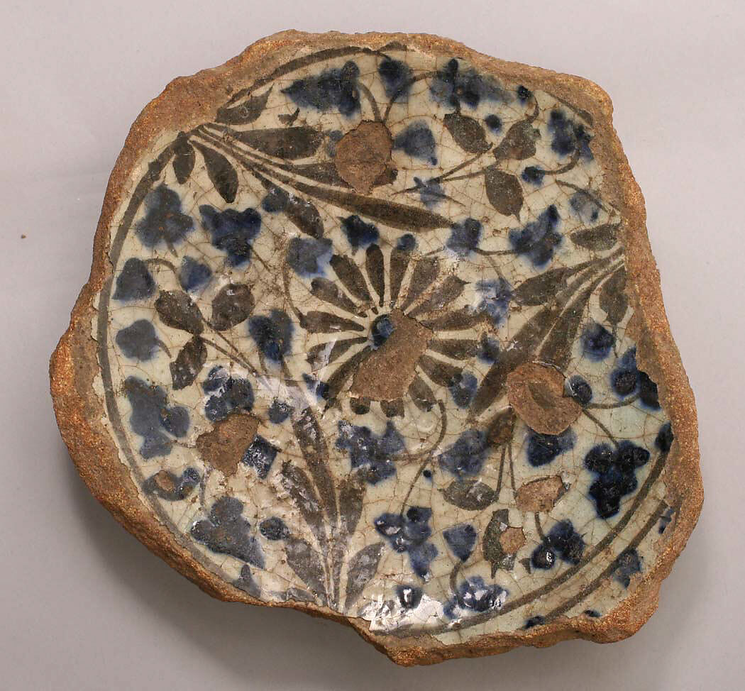 Fragment, Earthenware; incised decoration through a white slip and coloring under a transparent glaze. 