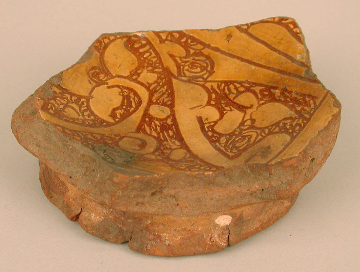 Ceramic Fragment, Earthenware; incised decoration through a white slip and coloring under transparent glaze